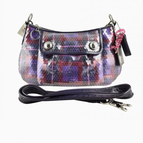 Coach Poppy Tartan Groovy Limited Ed Convertible Bag Y2K Purple+Red Sequins NWT - Picture 4 of 12